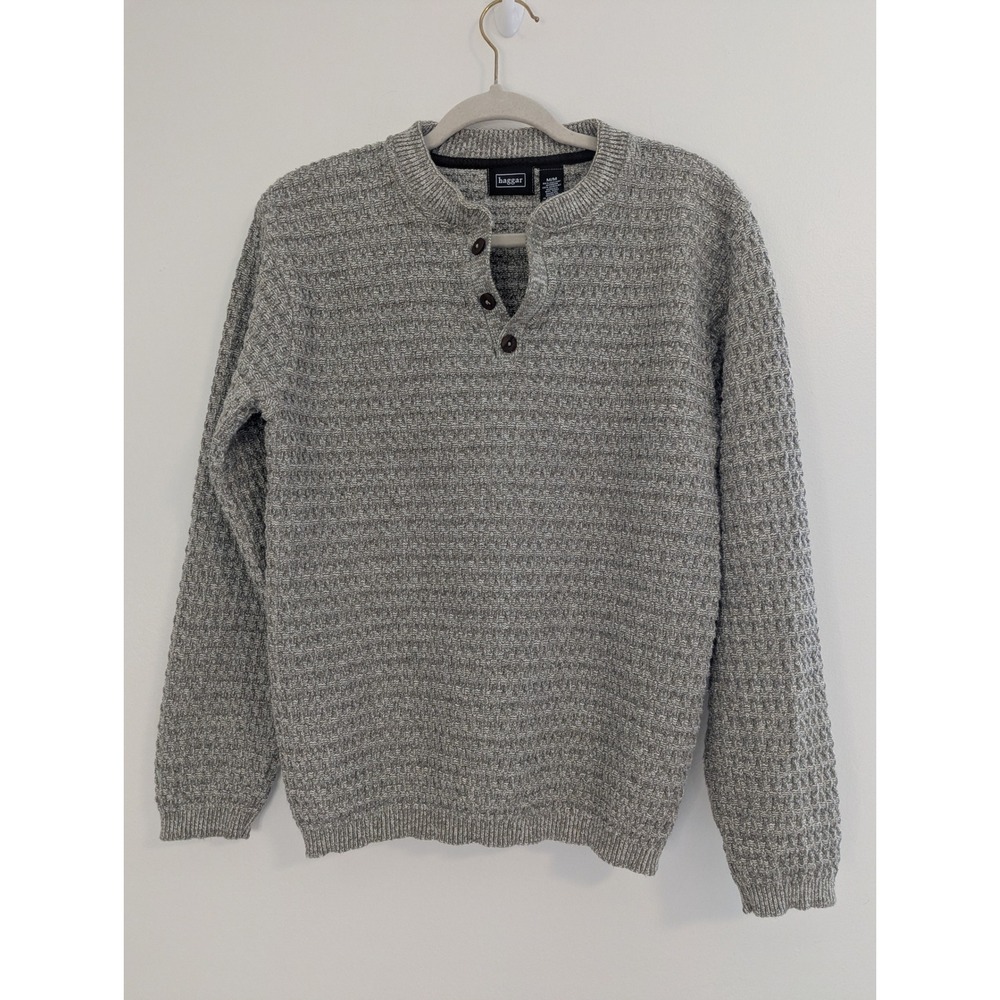 Haggar Mens Gray Tan Marled‎ Textured Waffle Knit Henley Sweater Size Medium
